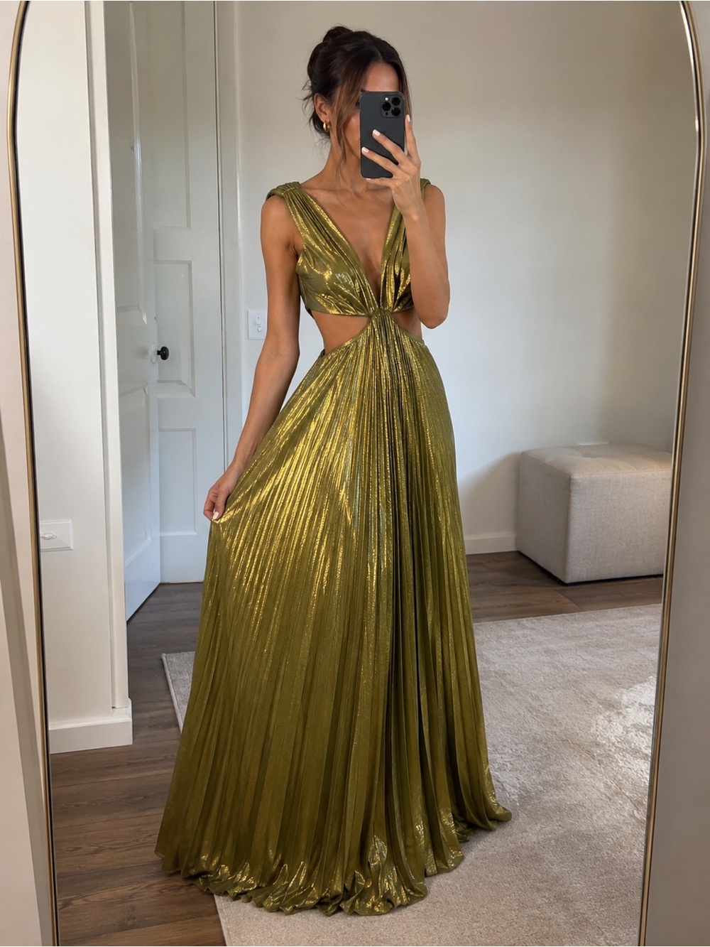 Ieena for Mac Duggal Metallic Olive Gold Pleated Cutout Maxi Gown Size S NWT